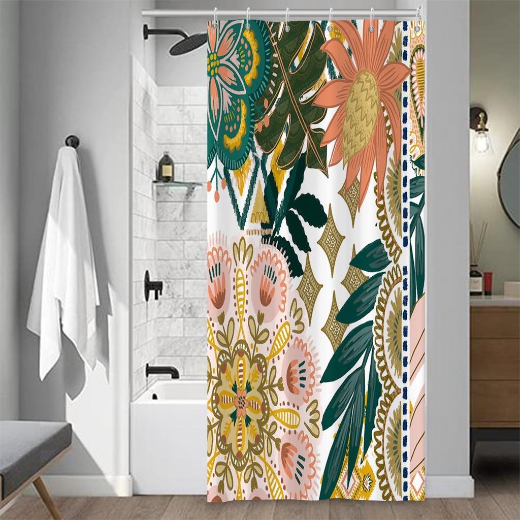 Boho Floral Bathroom Shower Curtain - Tropical Green Leaves, Pink Flowers - Waterproof Polyester Fabric - Mid Century Modern