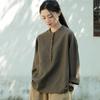 Spring and Summer Women's Linen Stand-up Collar Color Matching Plate Buckle Pullover Plus Size Blouse Women's Cotton and Linen Shirt
