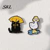 Rainy Day Pin Enamel Brooch, Animal Pin, Black Cat Umbrella Duck Treading Water Colorful Jewelry Badge, Vivid Expressions Stable Metal for Jacket Bag