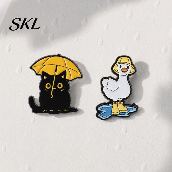 Rainy Day Pin Enamel Brooch, Animal Pin, Black Cat Umbrella Duck Treading Water Colorful Jewelry Badge, Vivid Expressions Stable Metal for Jacket Bag