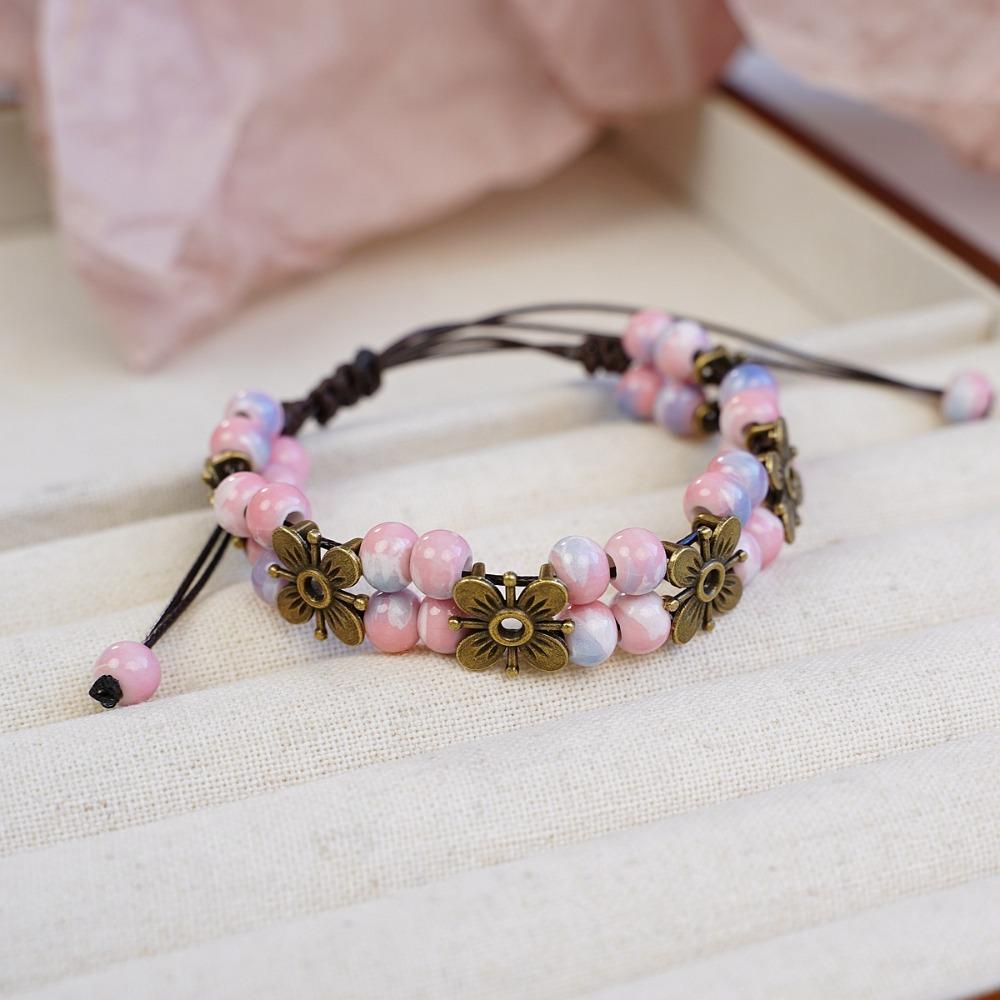 Cute Trendy Four-leaf Flower Double Layer Beaded Ceramic Bracelet for Women Charm  Adjustable Handmade Rope Weaving Jewelry Gift