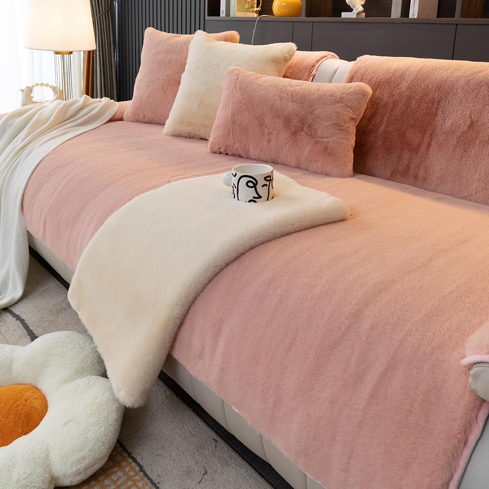 Winter Sofa Cover Rabbit Fur Soft Sensation Padded Plush Sofa Cushion Non-Slip Furniture Protector Suitable for 1-4 People