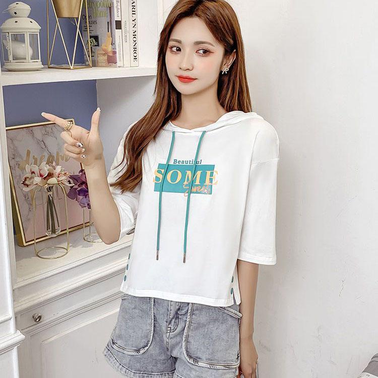 Short Sleeve 7 / 3 Sleeve Hooded Sweater Women's Middle Sleeve Spring and Summer Korean Loose Hooded Top