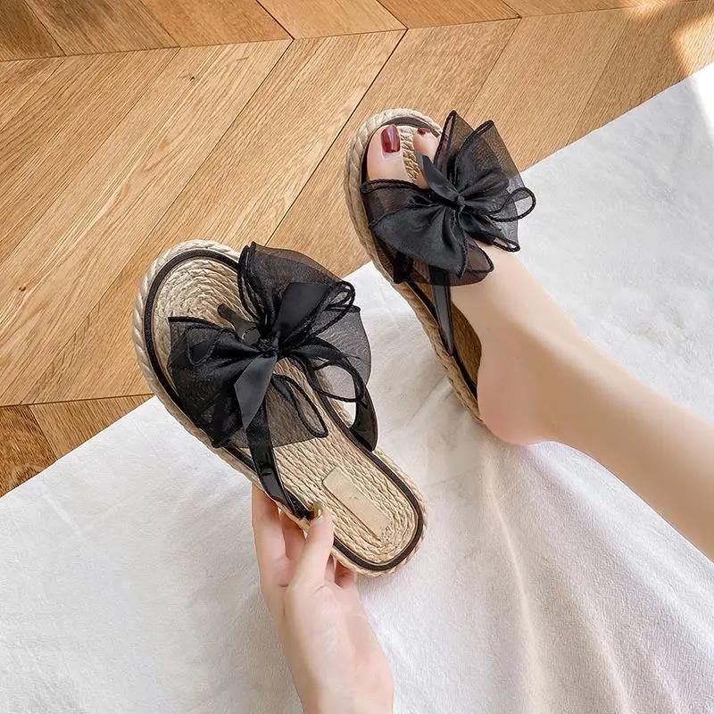 Fashion Slides Open Toe Bow Flip Flops Women's Slippers and Ladies Sandals Outside Shoes on Beach 2024 Flat Pvc 39 Promotion Top Designs
