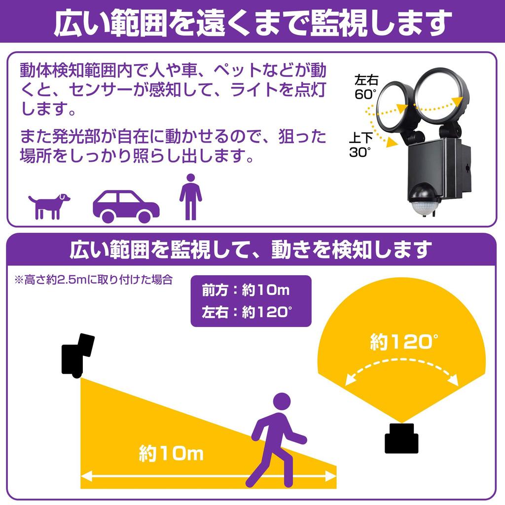 ELPA ESL-SS802AC LED Sensor Light, 2 Lights, Security, Approx. 3.0m, Water Resistant: IPX4 (Splash-Proof)