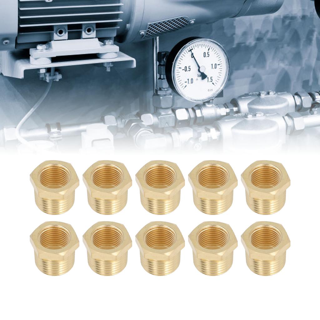 Brass Threaded Pipe Fitting 1 2 to 3 8 Reducer, 10 Pack Hex Socket Adapters for Water, Oil, Gas with 1200 PSI (10 Pack) Hex Socket, for