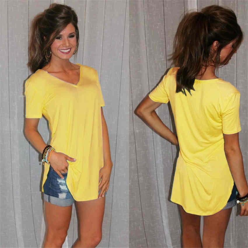 

Women Summer V-Neck T-shirt Casual Solid Short Sleeve Tees Ladies Loose Top 2XL жовтий