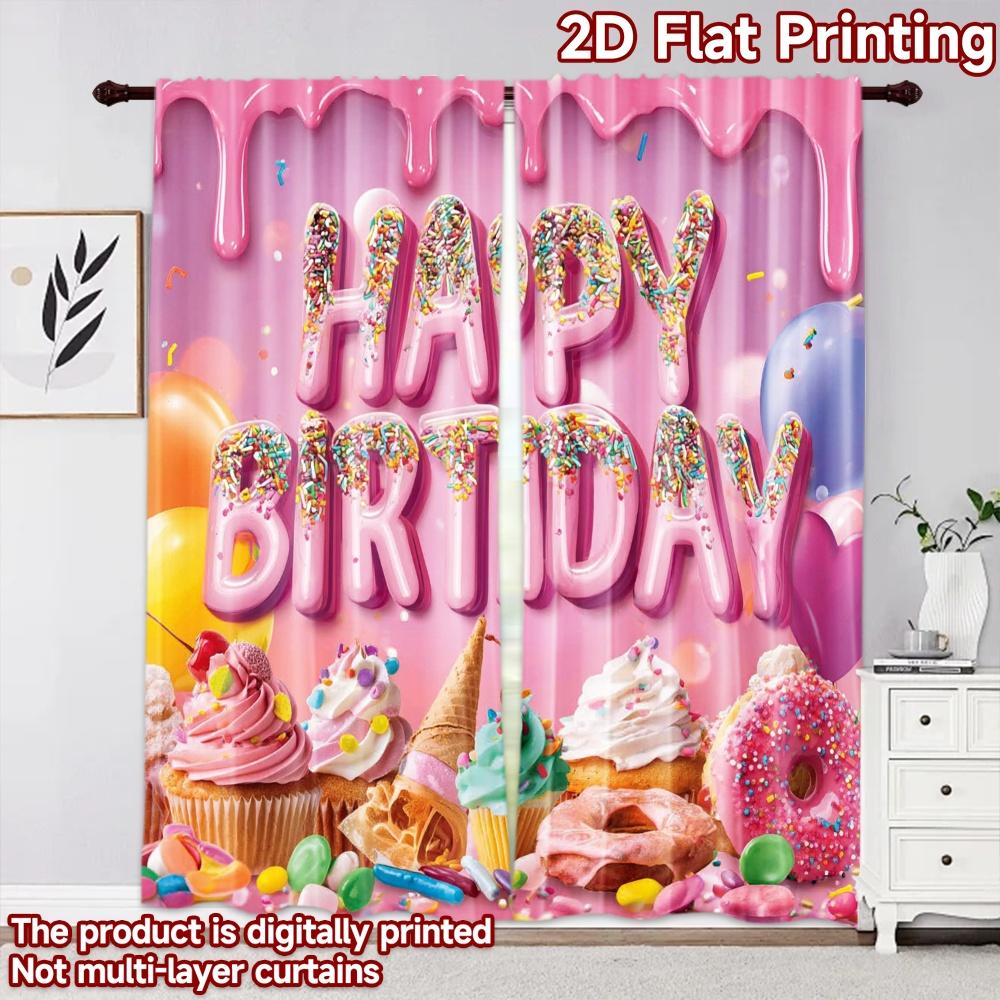 2D Flat Printing 2pcs Curtain Curtain Birthday Sweet Treats Digital Printed Polyester Drapes Family Party Use for Art Party for