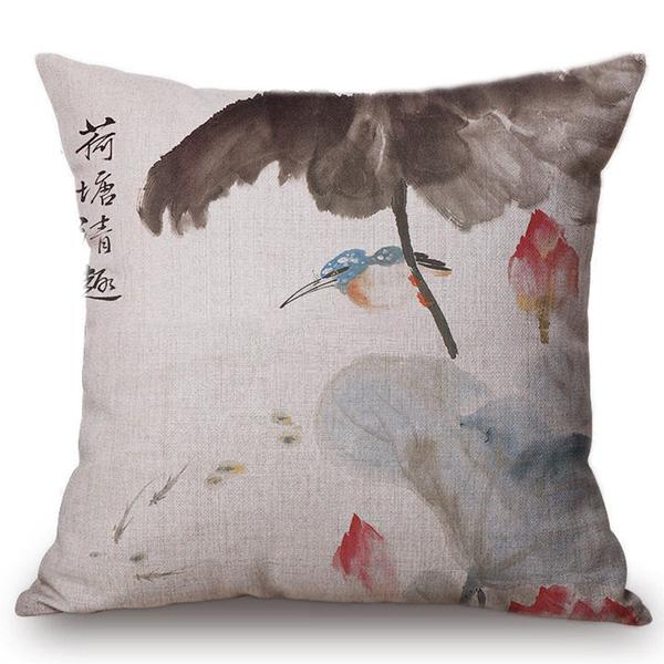 Chinese Style Vintage Ink Painting Lotus Pattern Throw Pillow Cover Classical Luxury Cushion Cover Sofa Decoration Pillowcase