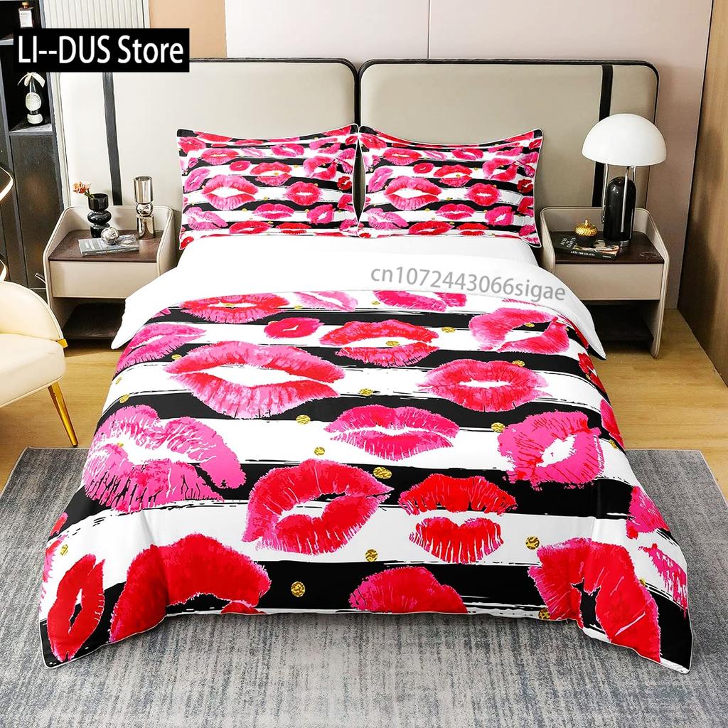 Girls Kiss Duvet Cover Red Lips Bedding Set For Kids Women Home Decor Comforter Cover Twin Full Queen King Size With Pillowcase