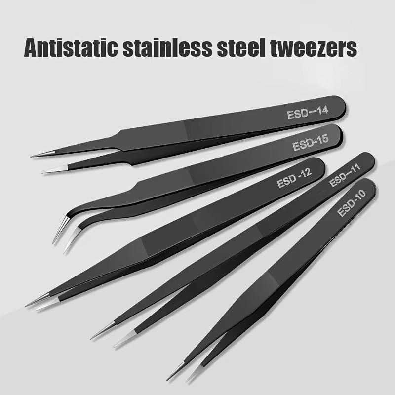 Black ESD Anti-Static Stainless Steel Tweezers Precision Maintenance Industrial Repair Home Working Model Making Hand Tools Set