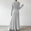 Damen Herbst Pulloverkleid Langarm V-Ausschnitt Rippstrick Maxikleid Tunika Winter A-Linie Langes Schwingkleid
