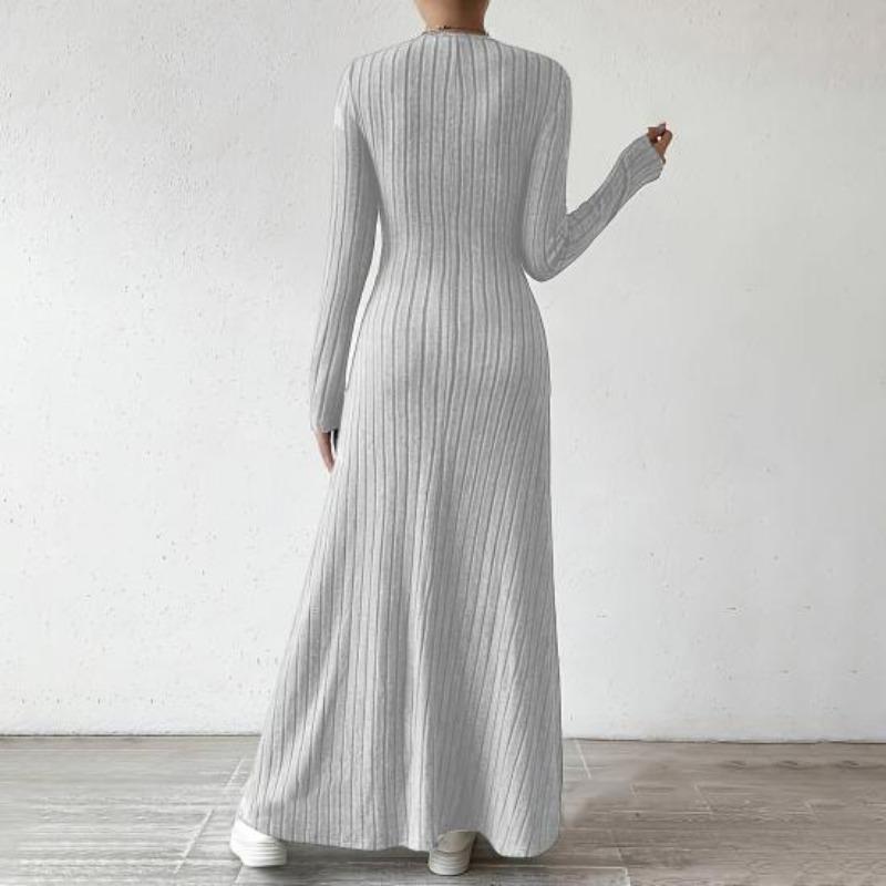 Damen Herbst Pulloverkleid Langarm V-Ausschnitt Rippstrick Maxikleid Tunika Winter A-Linie Langes Schwingkleid