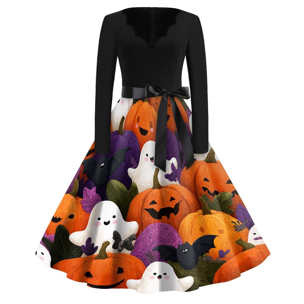 Women's Casual Vintage Halloween Dress V Neck Long Sleeve Floral Print Retro Style A Line Midi Dress with Waist Tie