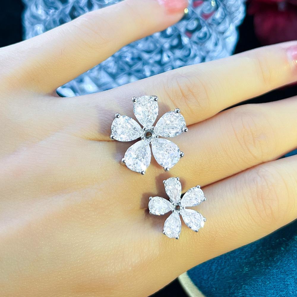 CMM Jewelry Clear White Cubic Zirconia Lovely Open Cuff Adjustable Flower Rings for Women Wedding Bridal Jewellery Accessories