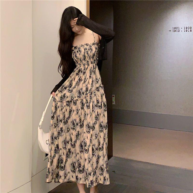 Plus Size French Floral Camisole Dress with Cardigan, Slimming Summer Long Dress for 2026