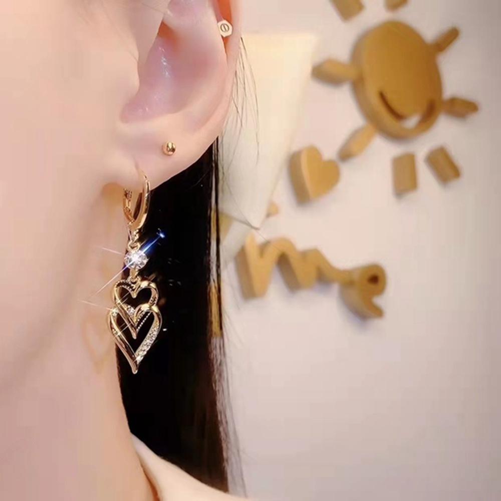 Boucles d'oreilles pendantes en forme de cœur à double couche de luxe pour femmes, bijoux de mariage coréen en cristal strass