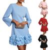 Robe de cocktail A-line à col rond, manches évasées et ourlet floral 3D pour femme, pour fête et soirée