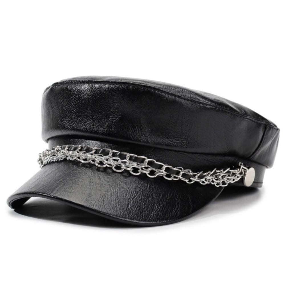 PU Leather Beret Hat Silver Chain Decor Octagonal Beret Cap Vintage Peaked Hat  Autumn Winter