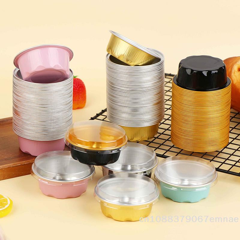 [ZYAS]50Pcs Round Baking Cups Aluminum Foil Wih Lids Reusable Cupcake Cups Desserts Flans Cake Pudding Jello Cups Kitchen Tools