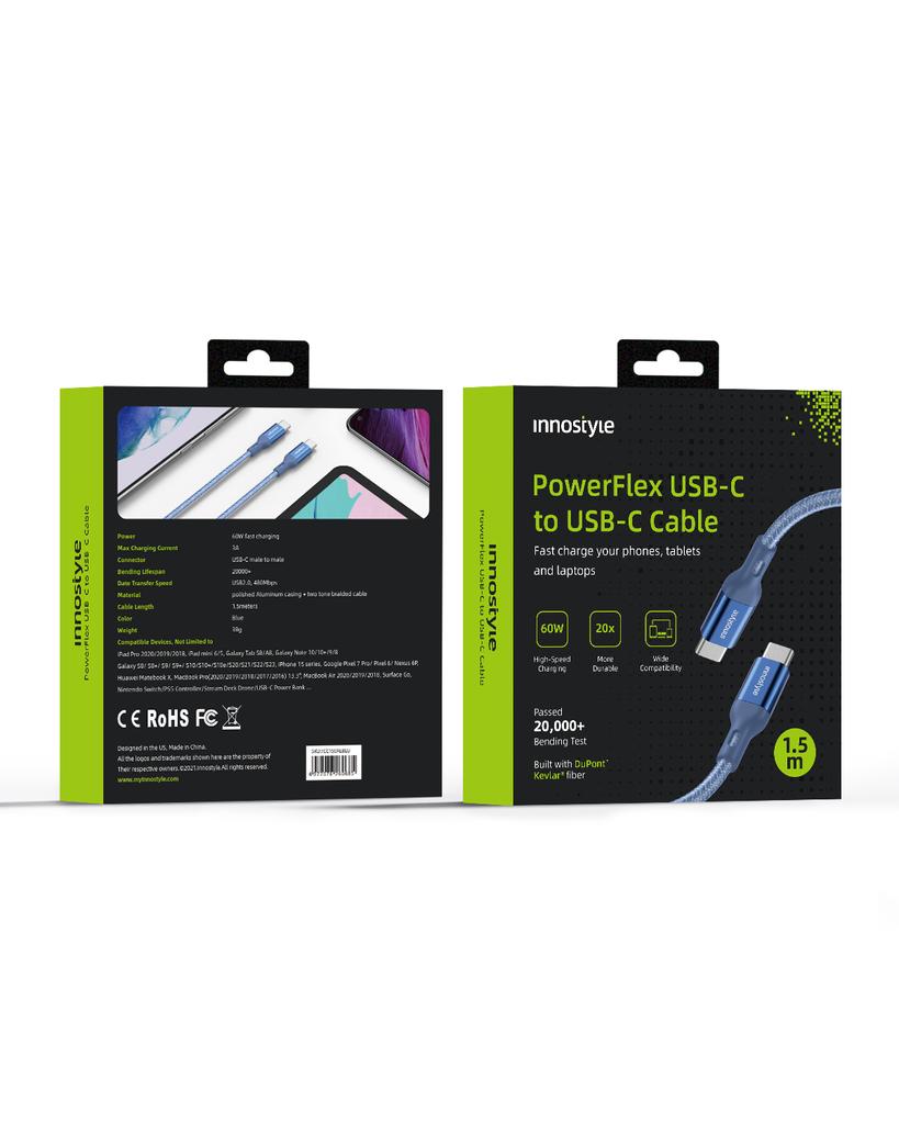 Innostyle Powerflex Usb-C Fast Charging Cable For Iphone Samsung 3A 60W Kevlar 2M Blue