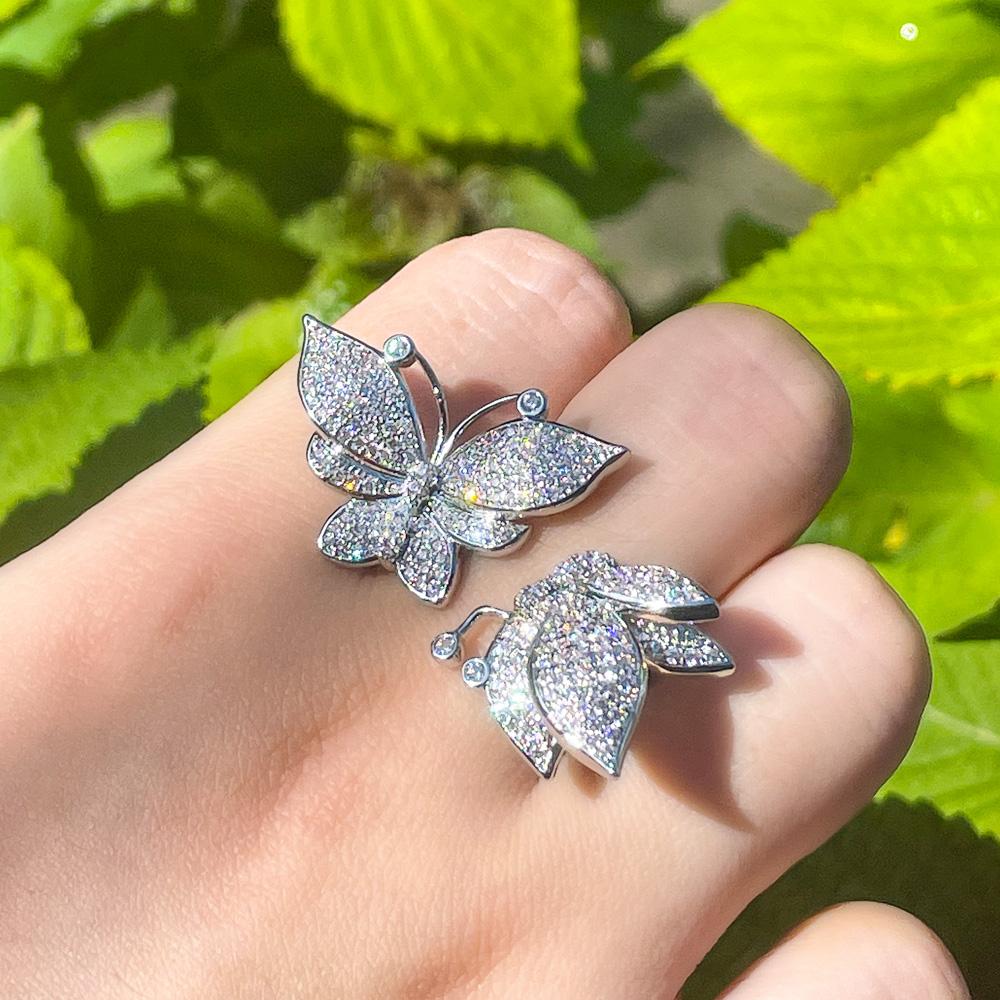 CMM Jewelry Micro Inlay Cubic Zirconia Open Cuff Adjustable Butterfly Rings for Women