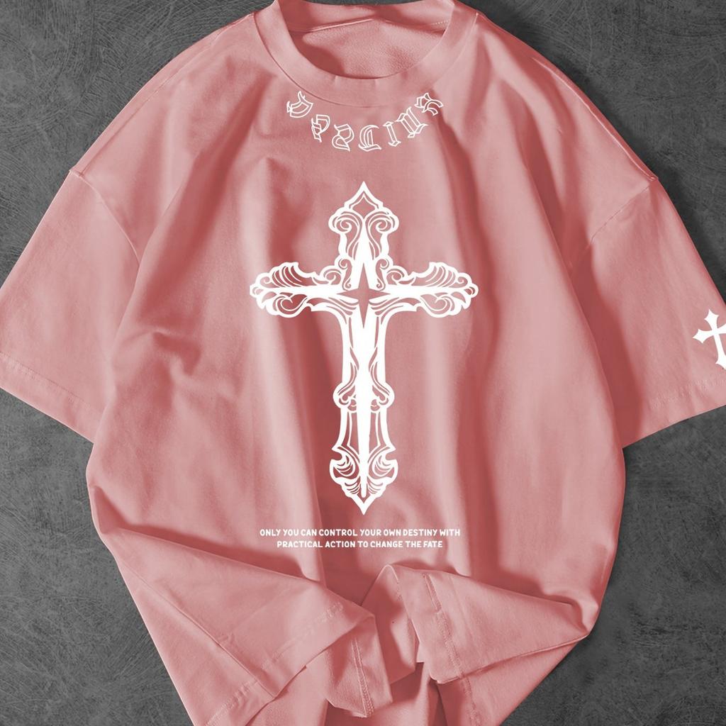Summer New Men's Round Neck Cross Letter Printing Casual Short-sleeved T-shirt Men's and Women's Retro Fashion