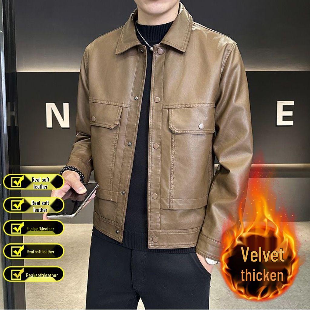 Chaqueta de Cuero con Solapa Ajustada para Hombre Otoño Invierno 2025 - Ropa Exterior Casual