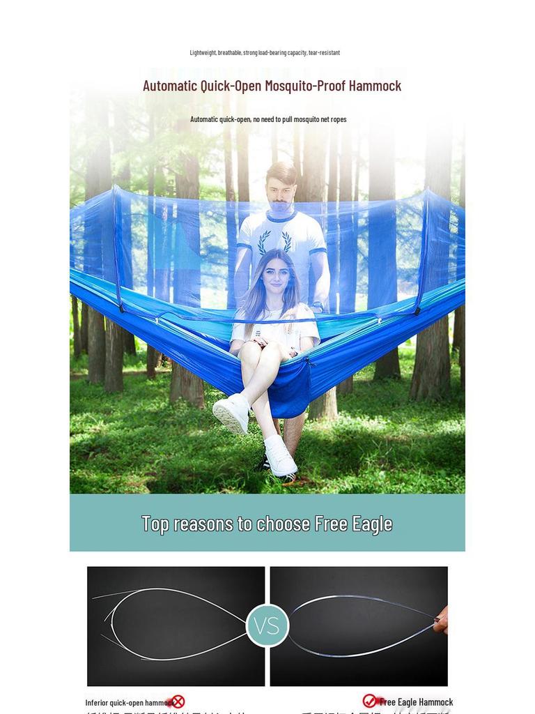 Quick-Open Mosquito-Proof Outdoor Hammock: Encrypted Mesh Parachute Nylon with Mosquito Net for Single/Double Camping