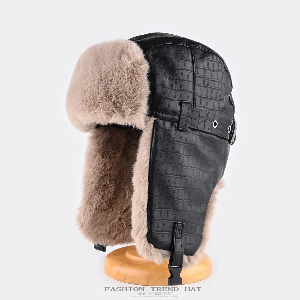 Leder-Pilotenmütze für Herren und Damen, verdickte warme Wintermütze zum Radfahren mit Ohrenschutz, Lederverschluss, Lokomotiv-Kälteschutzmütze, feuchtigkeitsabweisend