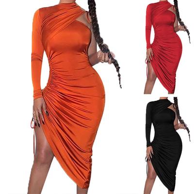 Neues Damen-Kleid mit einzelnem Schultergurt und Kordelzug, plissiert, einfarbig, eng