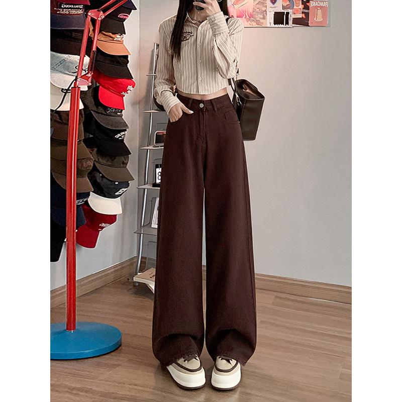 

Джинсы с высокой посадкой больших размеров коричневого кофейного цвета с широкими штанинами - Стройнящие, Длина в пол, Осень/Зима 2024 3XL