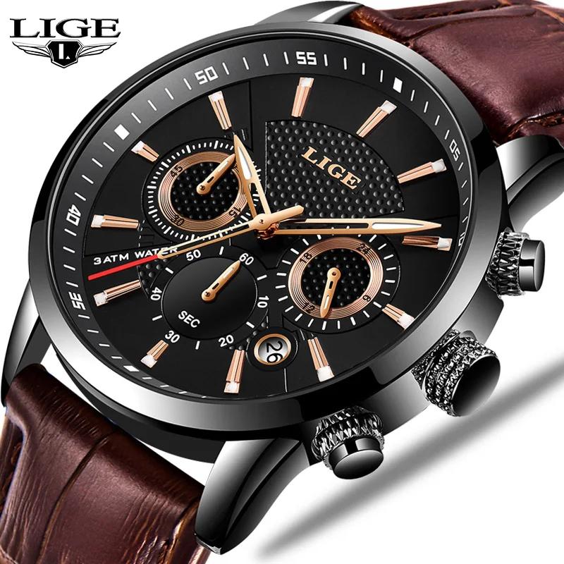 LIGE Mens Watches Luxury Waterproof Military Sport Man Watch Chronograph Genuine Leather Men Quartz Wristwatch Relogio Masculino