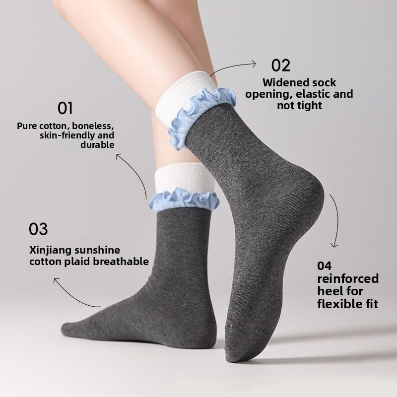 Women's Boneless Spring and Autumn Socks, Cotton Socks, Ballet-style, Black Ear-trimmed, White Mid-calf Socks