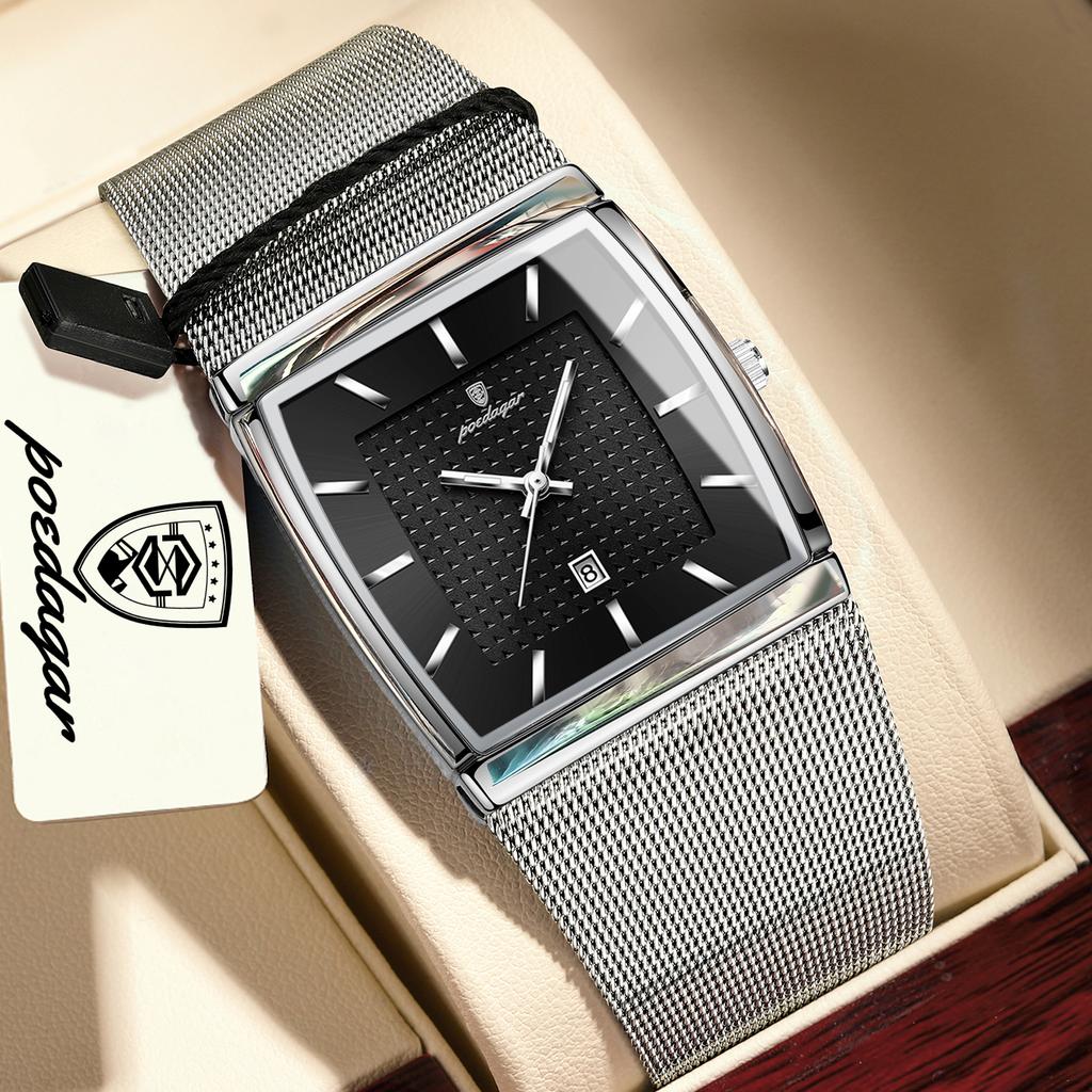 POEDAGAR Luxury Casual Men Clock Stainless Steel Mesh Date Waterproof Luminous Wristwatch Quartz Fashion Watches