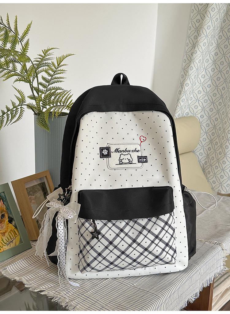 Schoolbag Japanese Contrasting Color Plaid Large Capacity Backpack Cute Bow Pendant Backpack Clock In Photo High Value Schoolbag