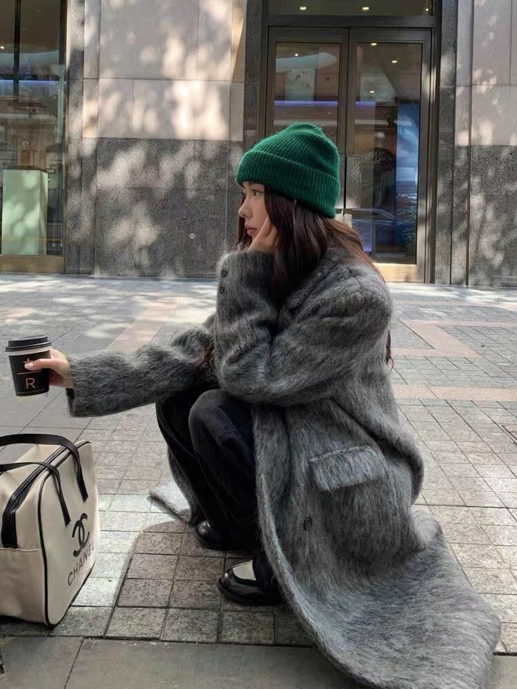 Náladový Nadměrný Korejský Francouzský Hepburn Styl Šedý Dlouhý Vlněný Streetwear Kabát