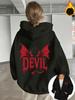 Women Zip Up Hoodie DEVIL Bat Wings Back Print Long Sleeve Oversized Hooded Jacket Casual Pocket Sweatshirt