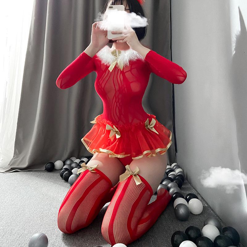 Christmas Princess Lingerie: Sexy Mesh Cutout Role Play Set with Stockings
