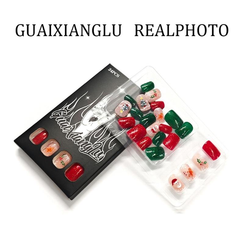 Christmas Theme Press On Fingernail With Santa Claus Art 24pcs Easy Application Holiday Party False Fingernail