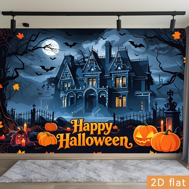 2D flat banner 1 piece of banner Ghost house in the dark Pumpkin bat Halloween night scene printed background cloth