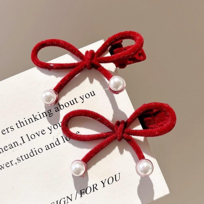 2 ks Červené sametové mašličky sponky do vlasů pro ženy dívky elegantní mini perlová mašlička ofina boční klip vlásenky pokrývka hlavy vlasové doplňky