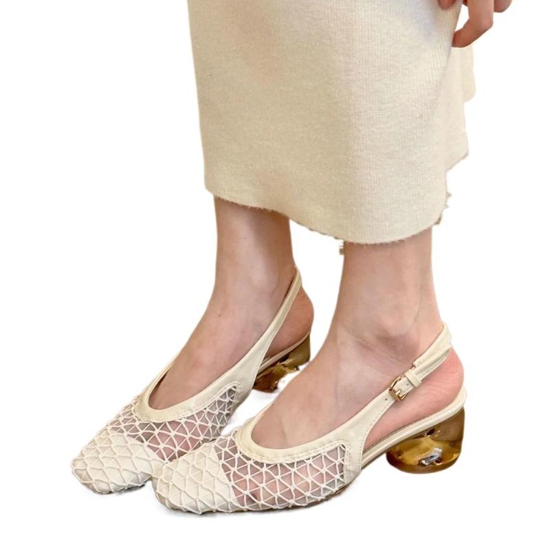 French Temperament Square Head Braided Bag Head Backspace Sandals Spring and Summer New Fashion Crystal Single Shoes Dark Brown