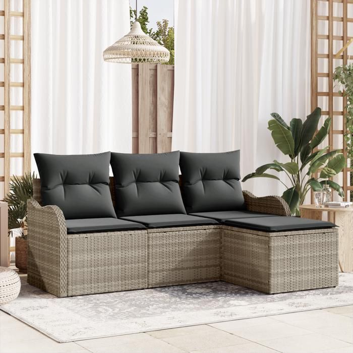 4-Piece Garden Sofa Set with Light Grey Cushions In Poly Rattan, 2-Seater Garden Sofa with Storage 3354321