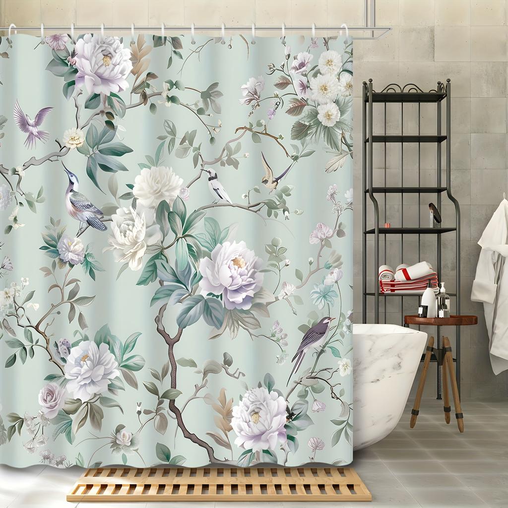 1pc Chinese Style Elegant Classical Peony Branch Magpie Shower Curtain, Decorative Print Shower Curtain with Hook