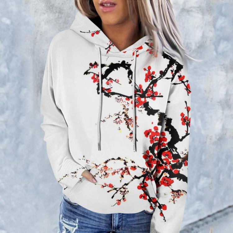 Floral Print Hooded Casual Women's Sweatshirt Fashion Long Sleeve Top