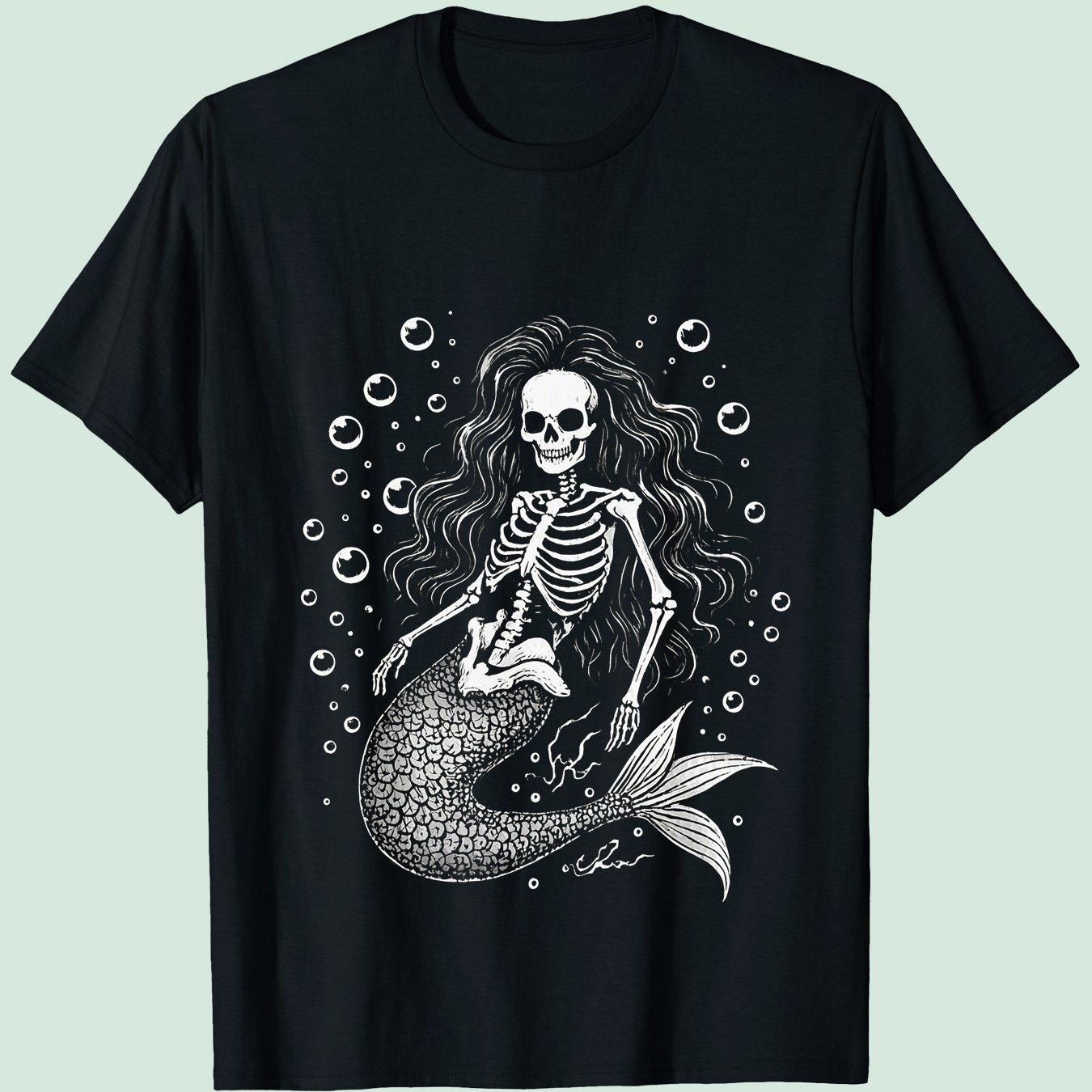 Gothic Skeleton Mermaid Graphic Tee Men s Casual Round Neck Short Sleeve Cotton T-Shirt S