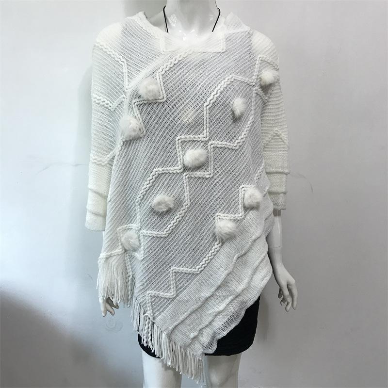 Causal Fashion Women Knitted Batwing Cape Tassels Poncho Cloak Ladies Fur Ball Sweater Outwear