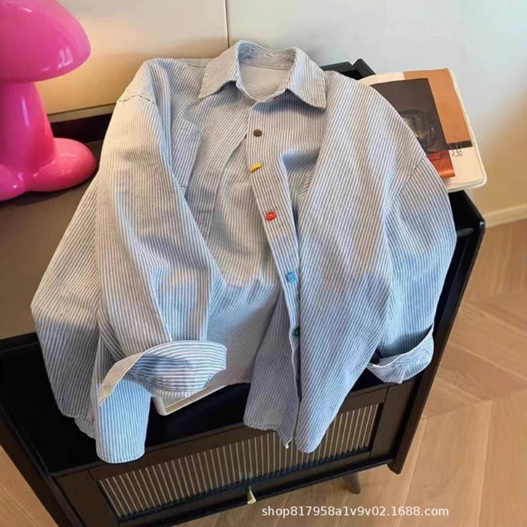 Retro Blue Striped Women's Long Sleeve Top - Spring 2025 Collection