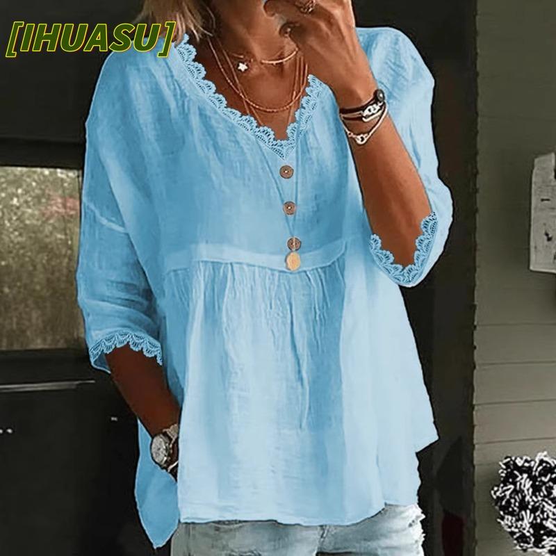 IHUASU Women's Fashion Casual Solid Color Print 3/4 Sleeves V Neck Blouses & Shirts International Design